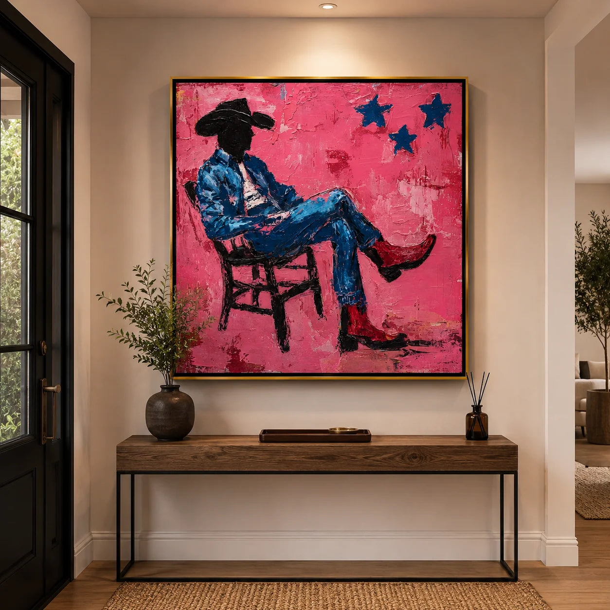 Pink Cowboy Hand-Painted Oil Painting, Textured Western Wall Art with Red Boots for Modern Home Decor #OA0962