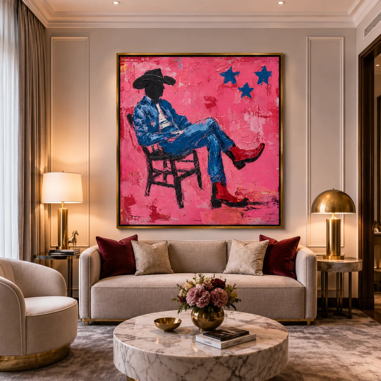 Pink Cowboy Hand-Painted Oil Painting, Textured Western Wall Art with Red Boots for Modern Home Decor #OA0962