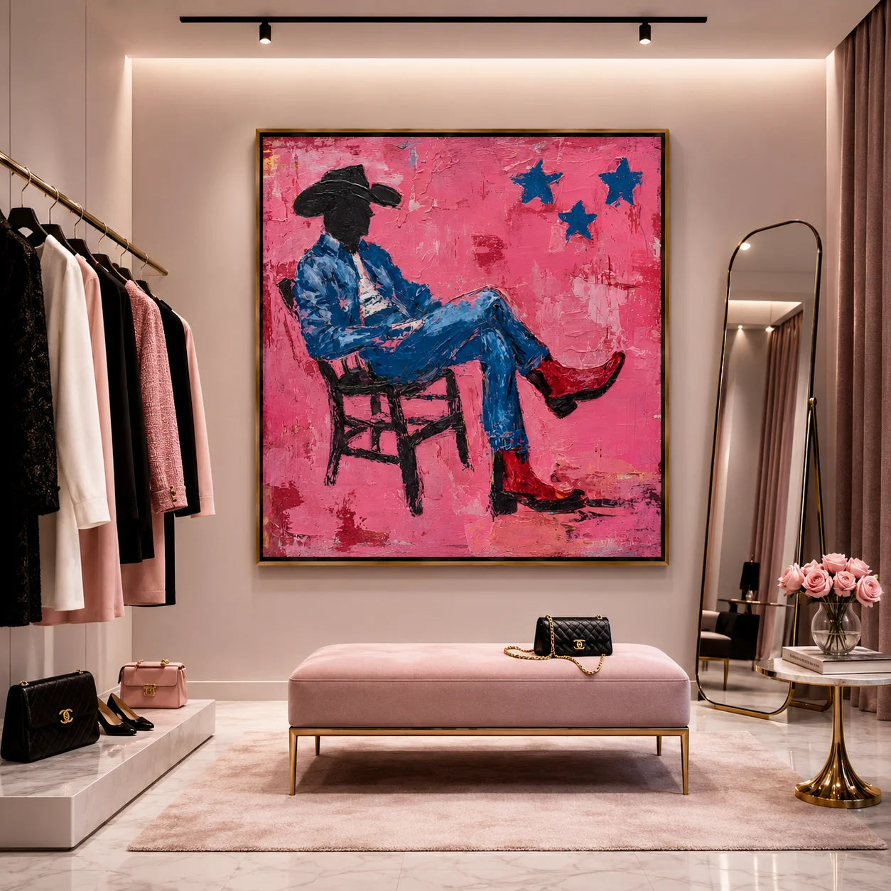 Pink Cowboy Hand-Painted Oil Painting, Textured Western Wall Art with Red Boots for Modern Home Decor #OA0962