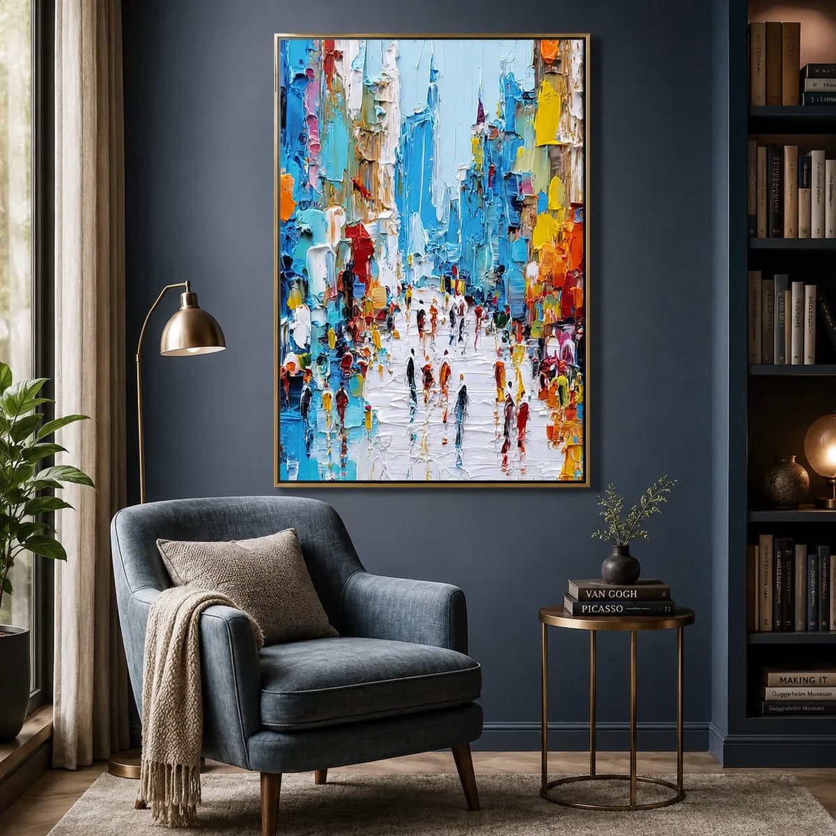 Colorful Abstract City Street Oil Painting, Textured Urban Wall Art for Living Room Decor