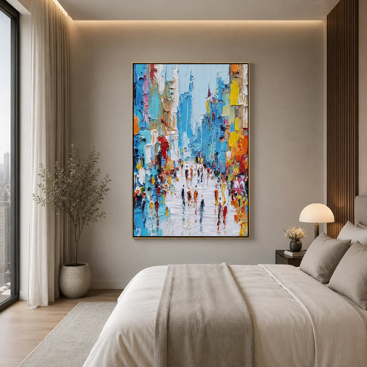 Colorful Abstract City Street Oil Painting, Textured Urban Wall Art for Living Room Decor
