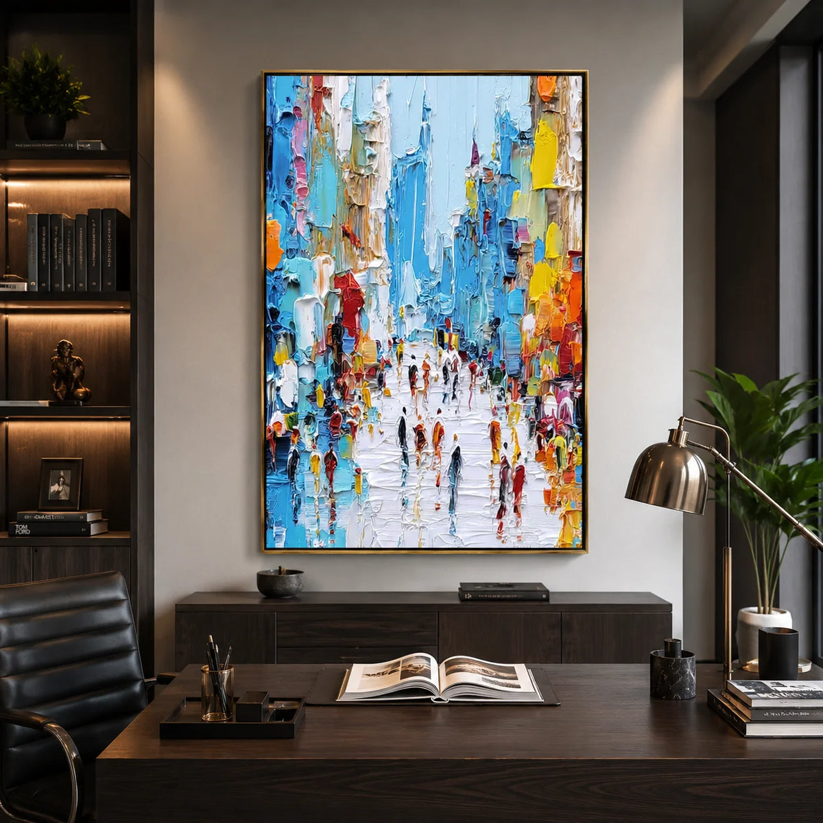 Colorful Abstract City Street Oil Painting, Textured Urban Wall Art for Living Room Decor
