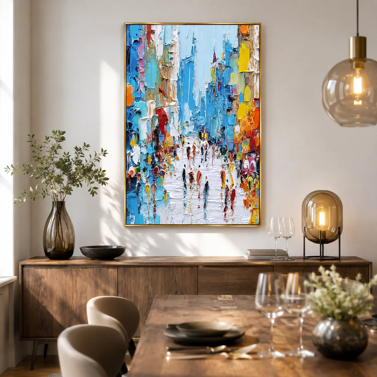 Colorful Abstract City Street Oil Painting, Textured Urban Wall Art for Living Room Decor