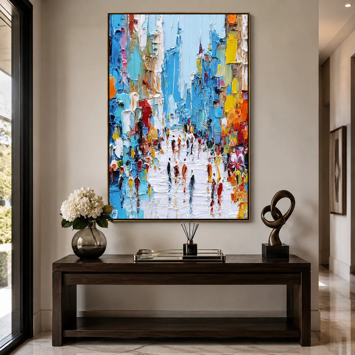 Colorful Abstract City Street Oil Painting, Textured Urban Wall Art for Living Room Decor