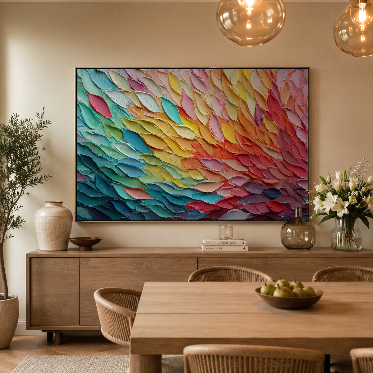 Colorful Textured Abstract Oil Painting Canvas – Modern Rainbow Palette Knife Wall Art for Living Room Home Decor