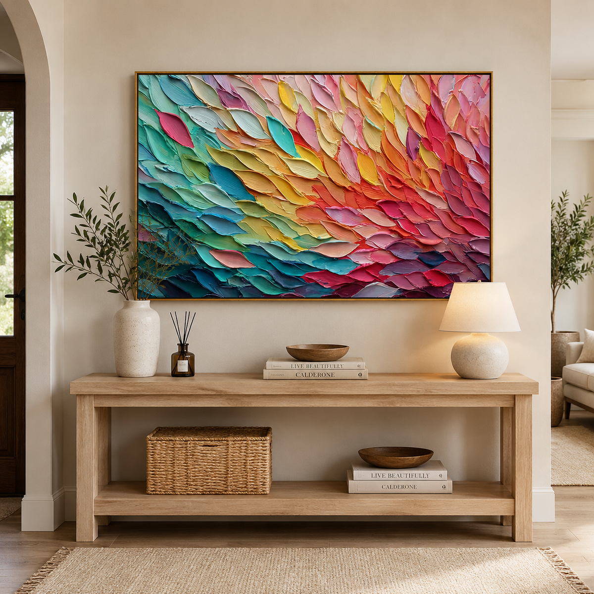 Colorful Textured Abstract Oil Painting Canvas – Modern Rainbow Palette Knife Wall Art for Living Room Home Decor