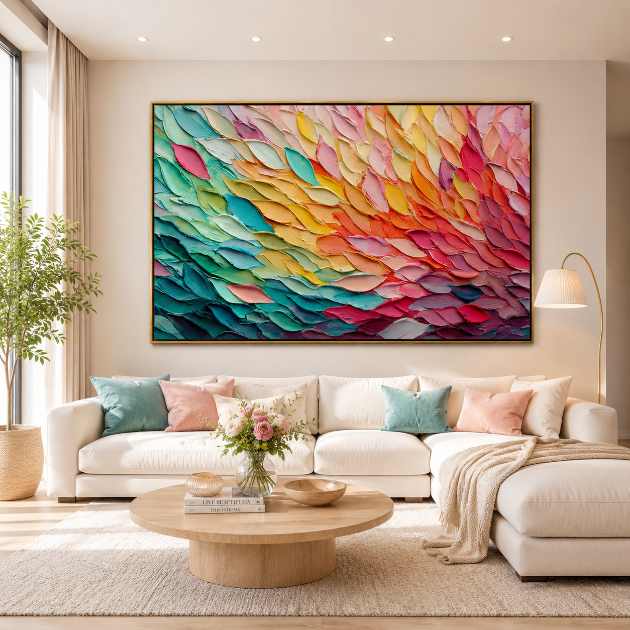 Colorful Textured Abstract Oil Painting Canvas – Modern Rainbow Palette Knife Wall Art for Living Room Home Decor