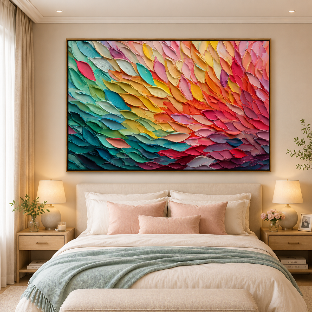 Colorful Textured Abstract Oil Painting Canvas – Modern Rainbow Palette Knife Wall Art for Living Room Home Decor