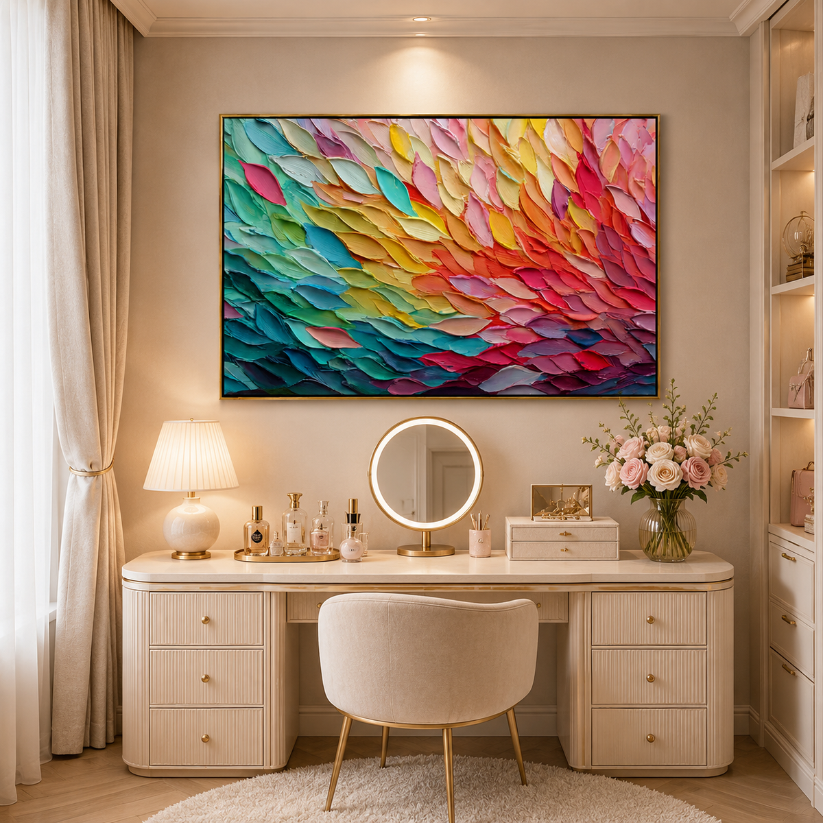 Colorful Textured Abstract Oil Painting Canvas – Modern Rainbow Palette Knife Wall Art for Living Room Home Decor