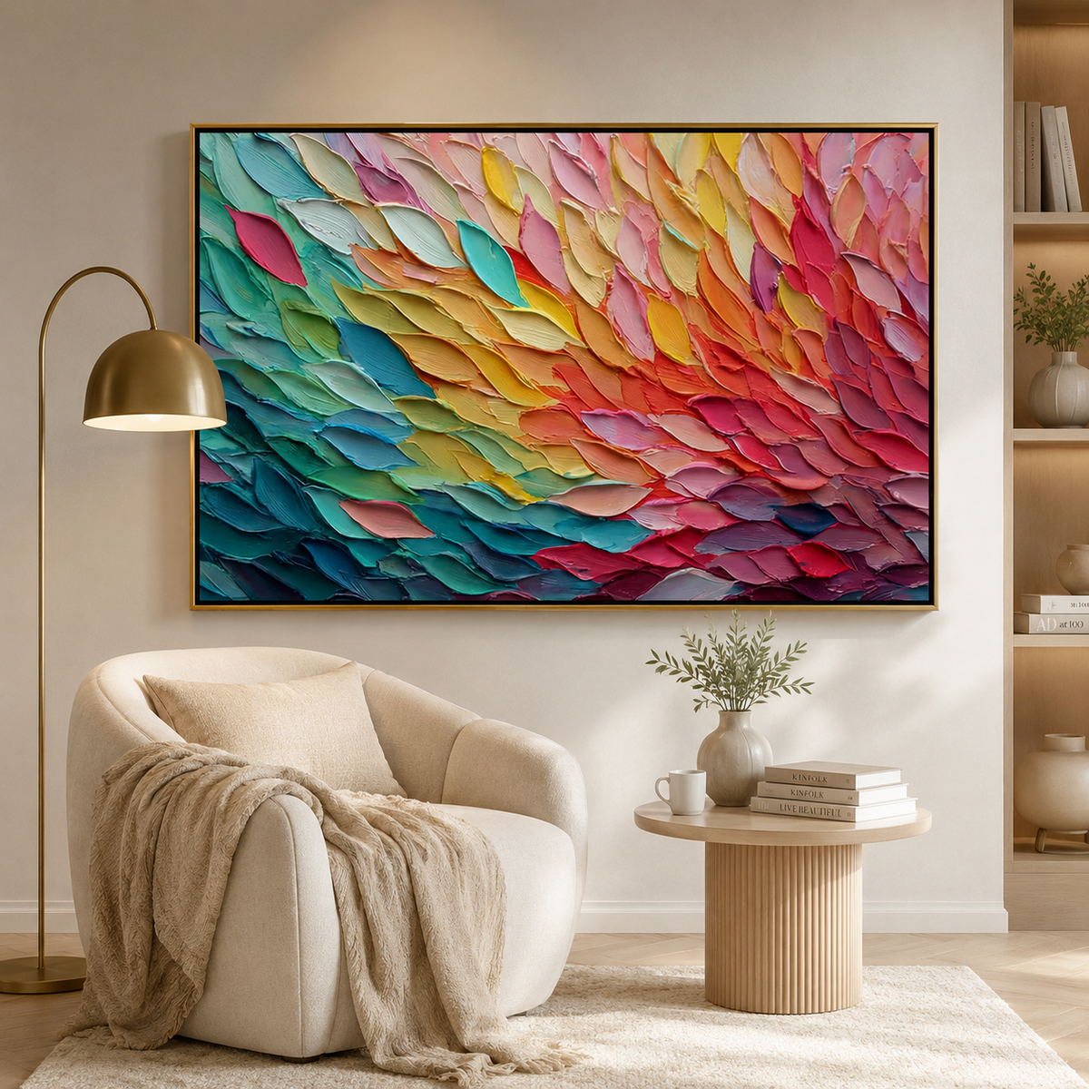 Colorful Textured Abstract Oil Painting Canvas – Modern Rainbow Palette Knife Wall Art for Living Room Home Decor