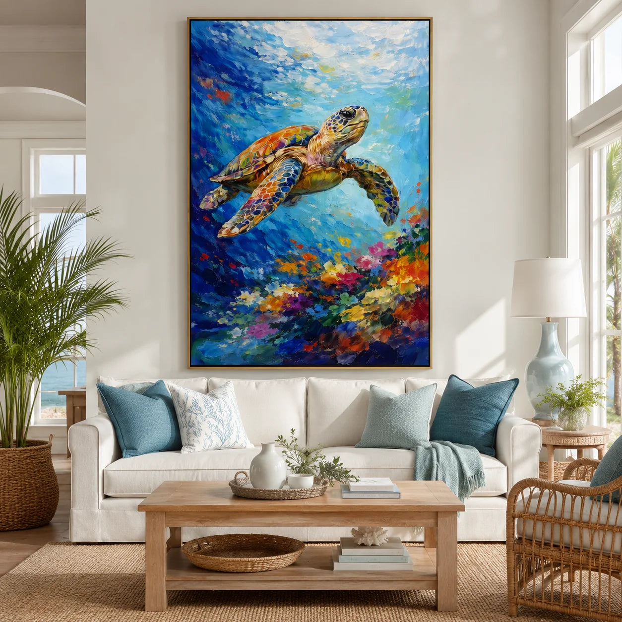 Large Colorful Sea Turtle Ocean Wall Art – Modern Underwater Marine Life Canvas Painting