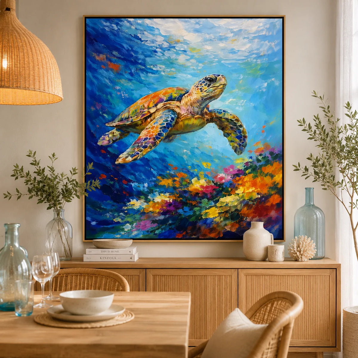 Large Colorful Sea Turtle Ocean Wall Art – Modern Underwater Marine Life Canvas Painting
