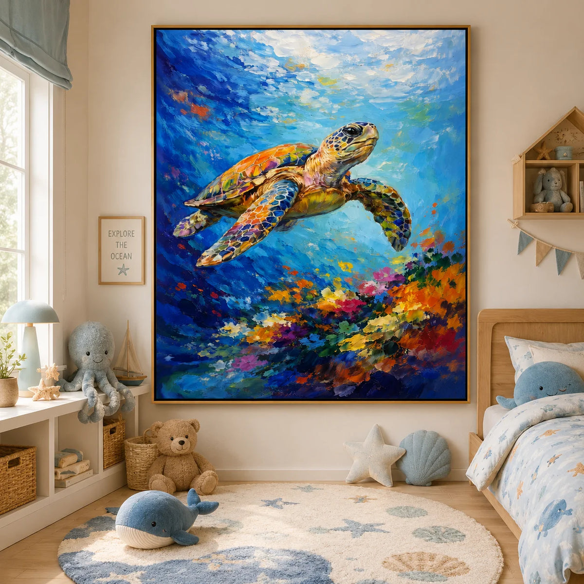 Large Colorful Sea Turtle Ocean Wall Art – Modern Underwater Marine Life Canvas Painting