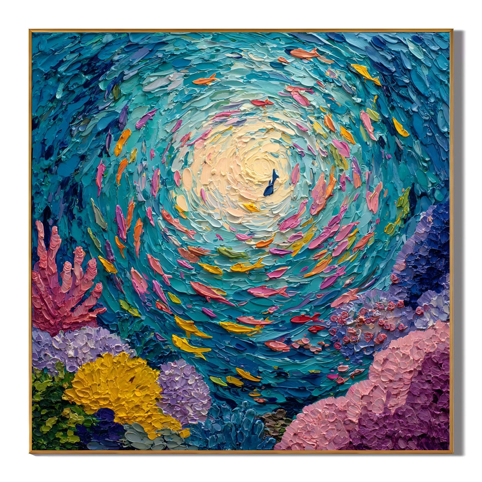 100% Hand-Painted Abstract Ocean Fish Oil Painting | Modern Underwater Swirl Textured Wall Art | Original Coral Reef Canvas by Ownanart # OA 1158