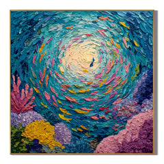 100% Hand-Painted Abstract Ocean Fish Oil Painting | Modern Underwater Swirl Textured Wall Art | Original Coral Reef Canvas by Ownanart # OA 1158