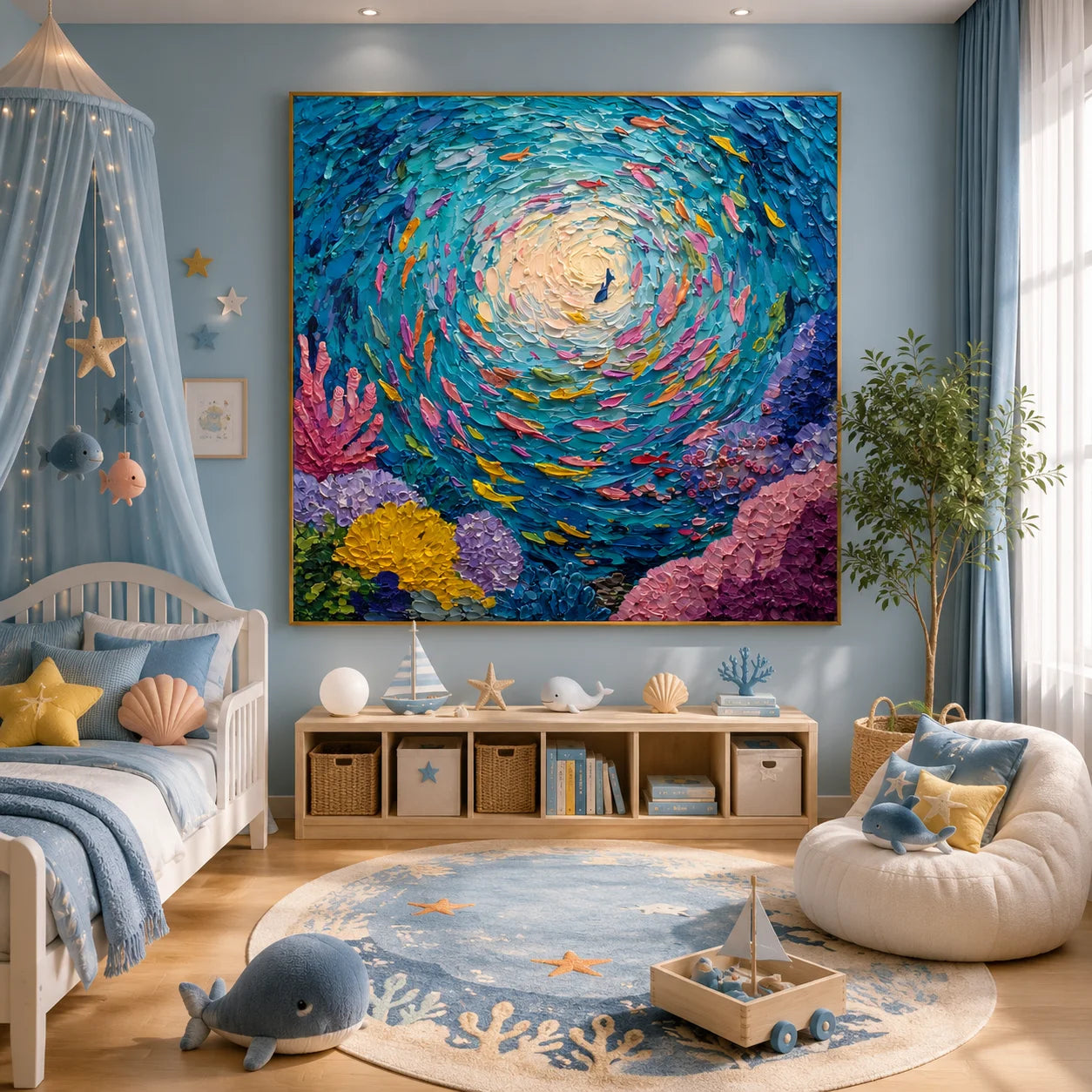 100% Hand-Painted Abstract Ocean Fish Oil Painting | Modern Underwater Swirl Textured Wall Art | Original Coral Reef Canvas by Ownanart # OA 1158