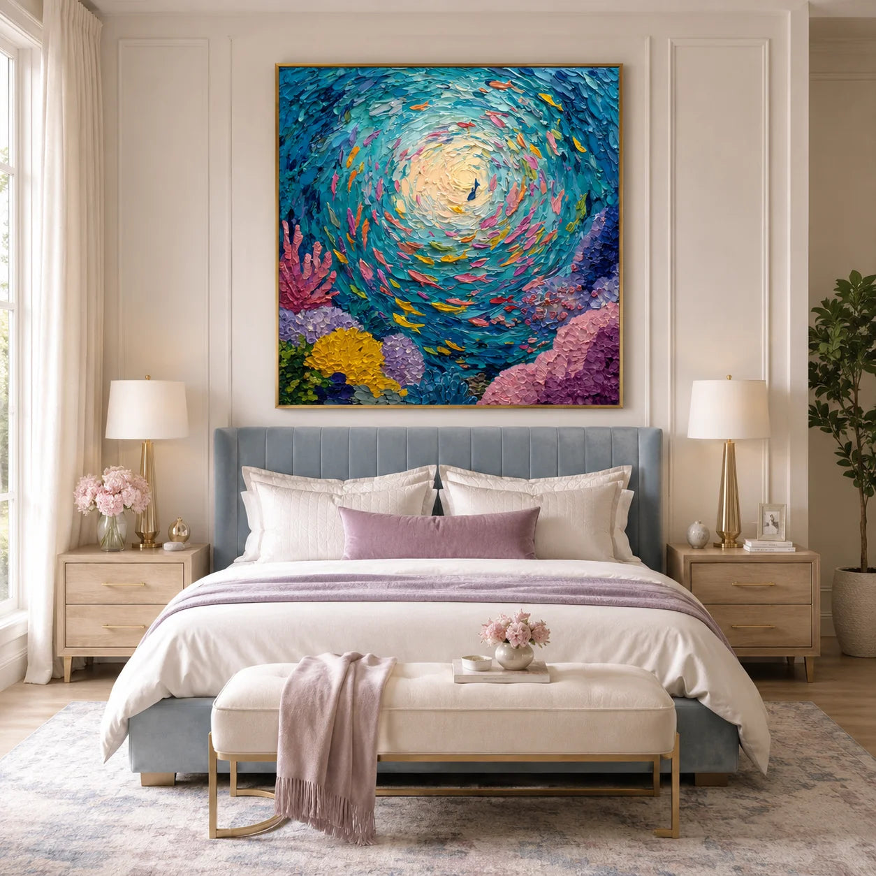 100% Hand-Painted Abstract Ocean Fish Oil Painting | Modern Underwater Swirl Textured Wall Art | Original Coral Reef Canvas by Ownanart # OA 1158