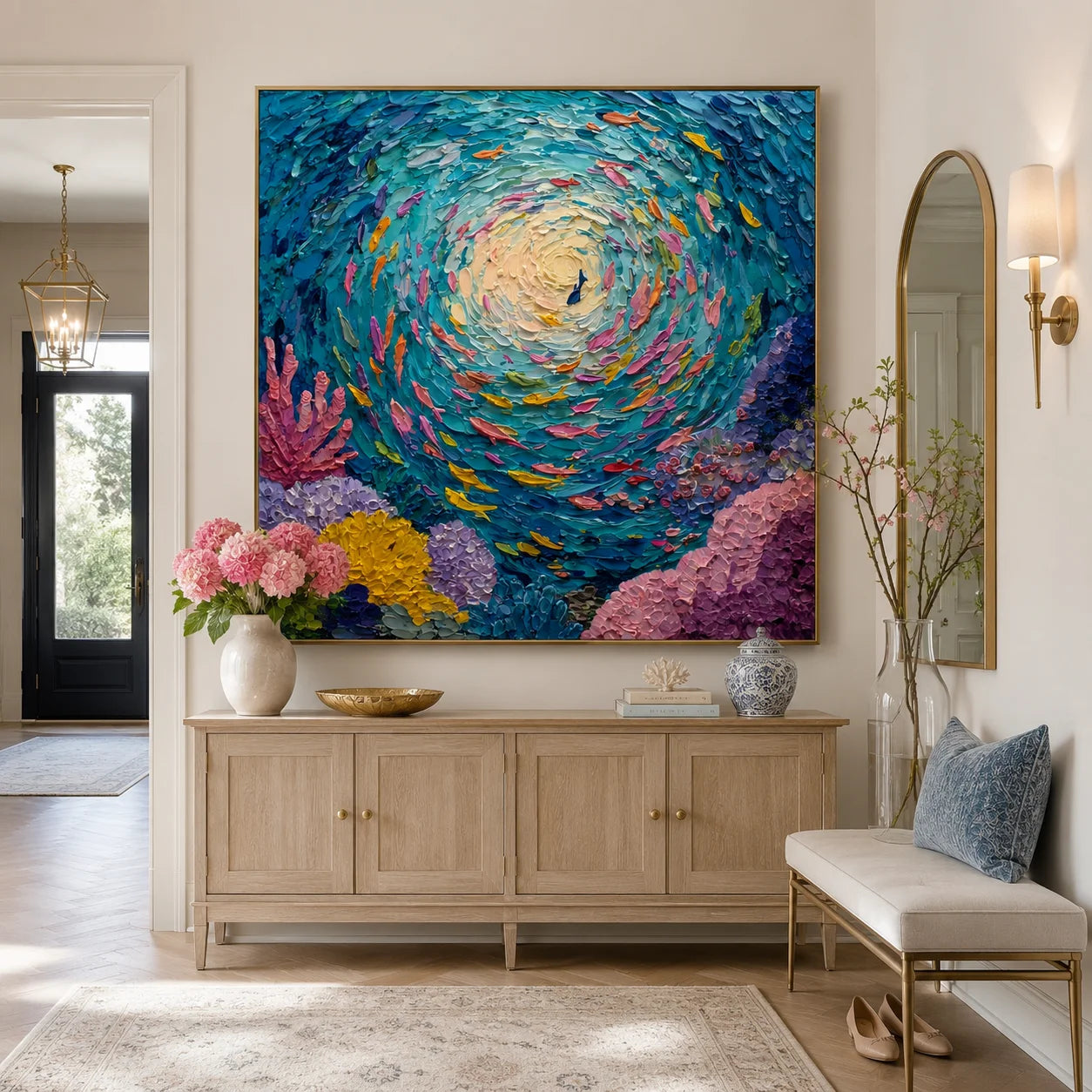 100% Hand-Painted Abstract Ocean Fish Oil Painting | Modern Underwater Swirl Textured Wall Art | Original Coral Reef Canvas by Ownanart # OA 1158