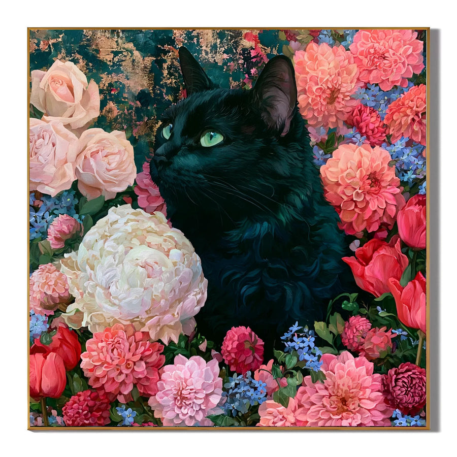 100% Hand-Painted Black Cat Floral Oil Painting | Modern Garden Cat Wall Art | Original Cat & Bloom Canvas Artwork | Pet-Themed Home Decor by Ownanart # OA 1161