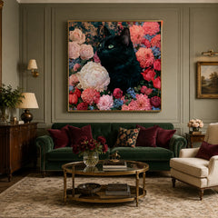 Black Cat & Flowers Oil Painting | Modern Botanical Garden Wall Art #OA 1161