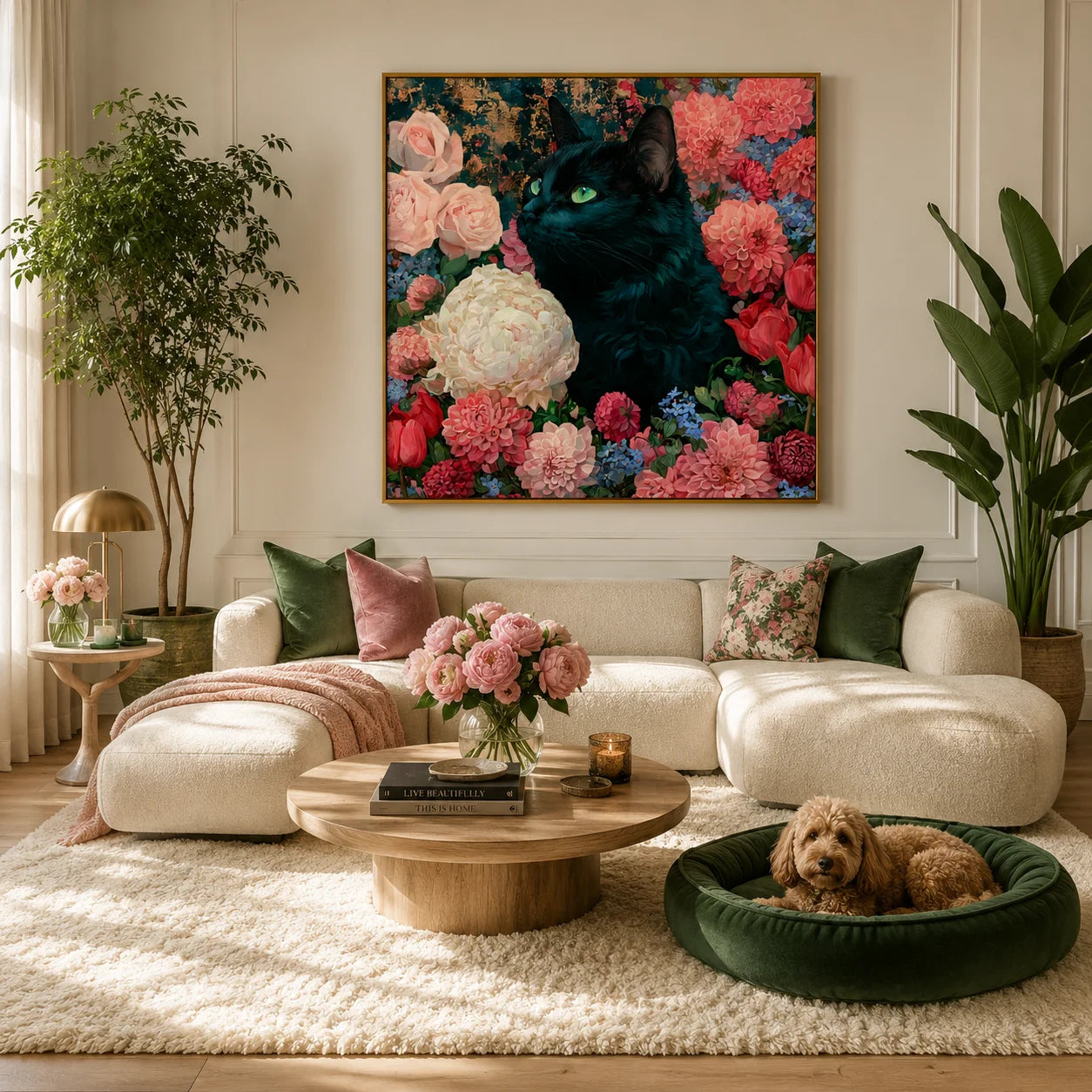 100% Hand-Painted Black Cat Floral Oil Painting | Modern Garden Cat Wall Art | Original Cat & Bloom Canvas Artwork | Pet-Themed Home Decor by Ownanart # OA 1161