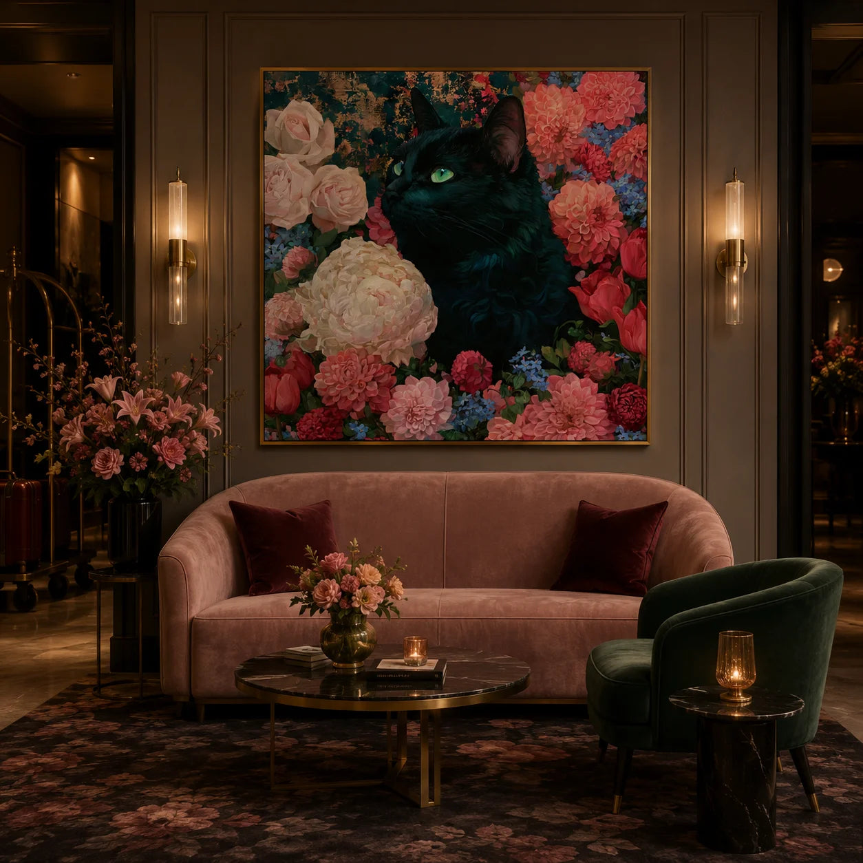 100% Hand-Painted Black Cat Floral Oil Painting | Modern Garden Cat Wall Art | Original Cat & Bloom Canvas Artwork | Pet-Themed Home Decor by Ownanart # OA 1161