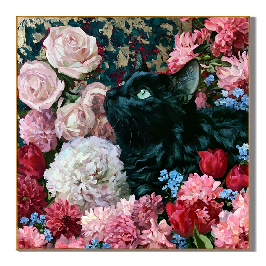 100% Hand-Painted Black Cat Rose Garden Oil Painting | Modern Floral Cat Wall Art | Original Pet Portrait Canvas Artwork | Home Decor by Ownanart # OA 1162