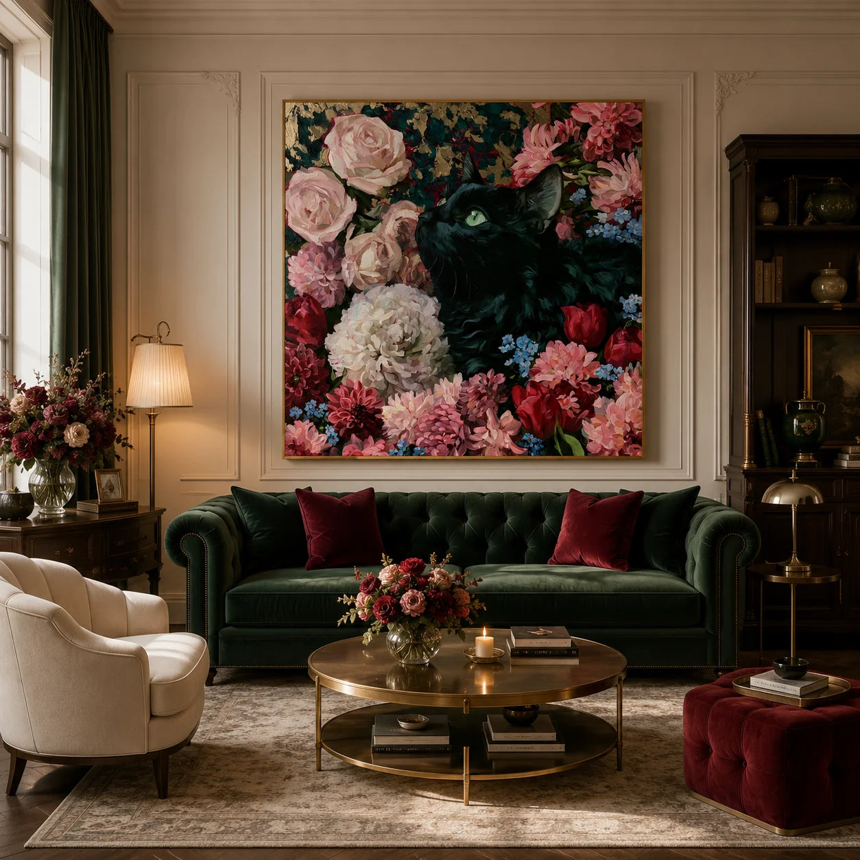 100% Hand-Painted Black Cat Rose Garden Oil Painting | Modern Floral Cat Wall Art | Original Pet Portrait Canvas Artwork | Home Decor by Ownanart # OA 1162