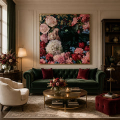 Black Cat in Rose Garden Oil Painting | Floral Animal Wall Art #OA 1162