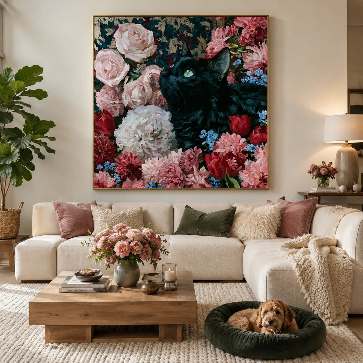 100% Hand-Painted Black Cat Rose Garden Oil Painting | Modern Floral Cat Wall Art | Original Pet Portrait Canvas Artwork | Home Decor by Ownanart # OA 1162