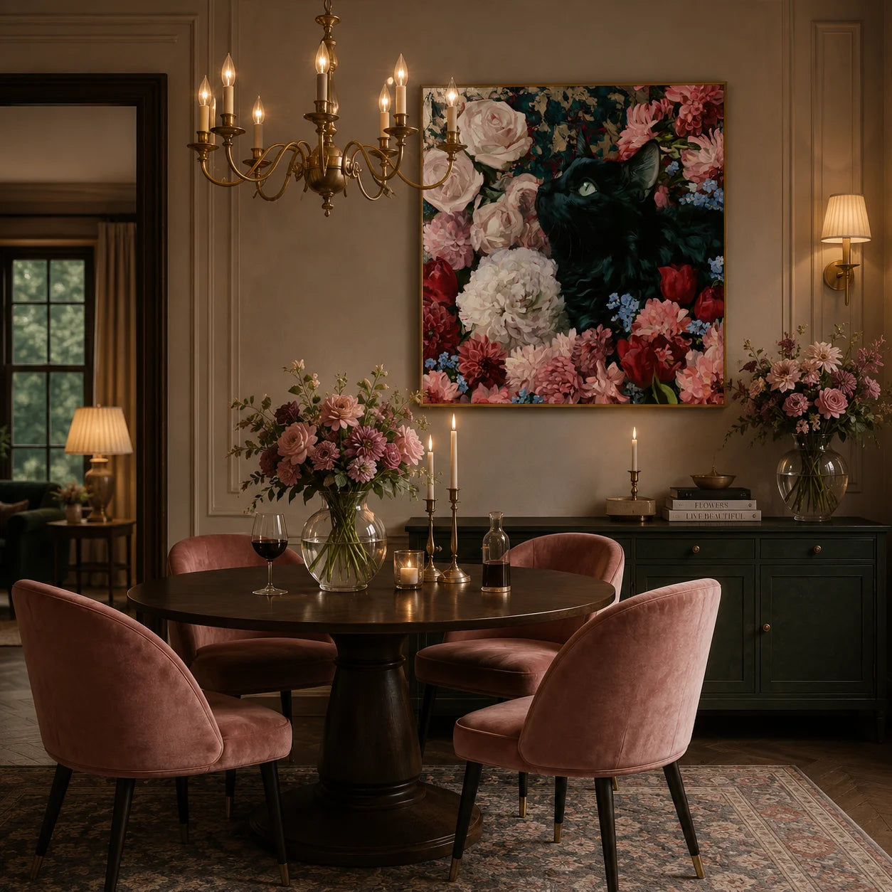 100% Hand-Painted Black Cat Rose Garden Oil Painting | Modern Floral Cat Wall Art | Original Pet Portrait Canvas Artwork | Home Decor by Ownanart # OA 1162