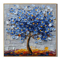 100% Hand-Painted Blue Blossom Tree Oil Painting | Modern Abstract Floral Textured Wall Art | Original Tree of Life Impasto Artwork by Ownanart # OA 1159