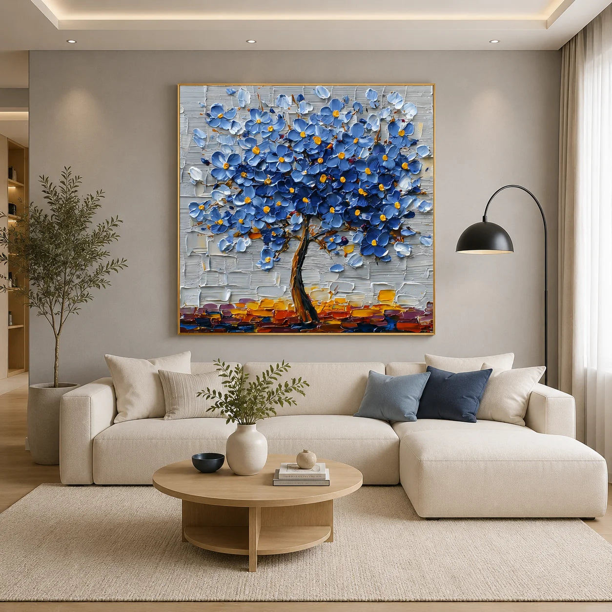 100% Hand-Painted Blue Blossom Tree Oil Painting | Modern Abstract Floral Textured Wall Art | Original Tree of Life Impasto Artwork by Ownanart # OA 1159