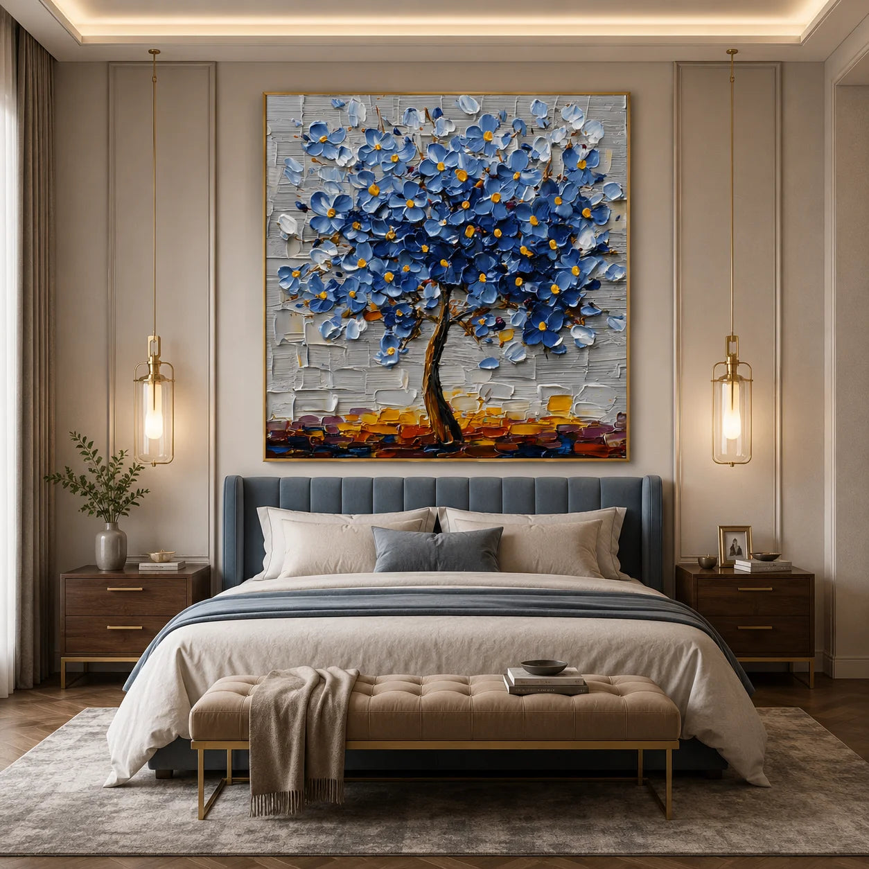 100% Hand-Painted Blue Blossom Tree Oil Painting | Modern Abstract Floral Textured Wall Art | Original Tree of Life Impasto Artwork by Ownanart # OA 1159