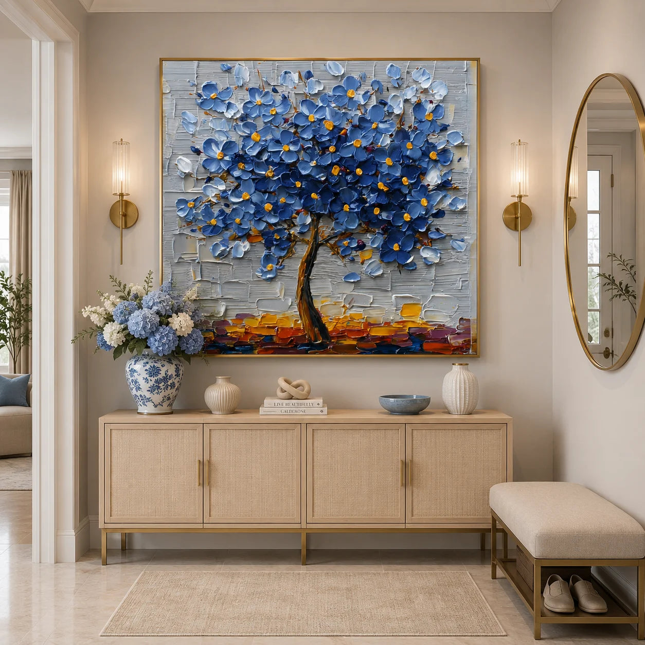 100% Hand-Painted Blue Blossom Tree Oil Painting | Modern Abstract Floral Textured Wall Art | Original Tree of Life Impasto Artwork by Ownanart # OA 1159