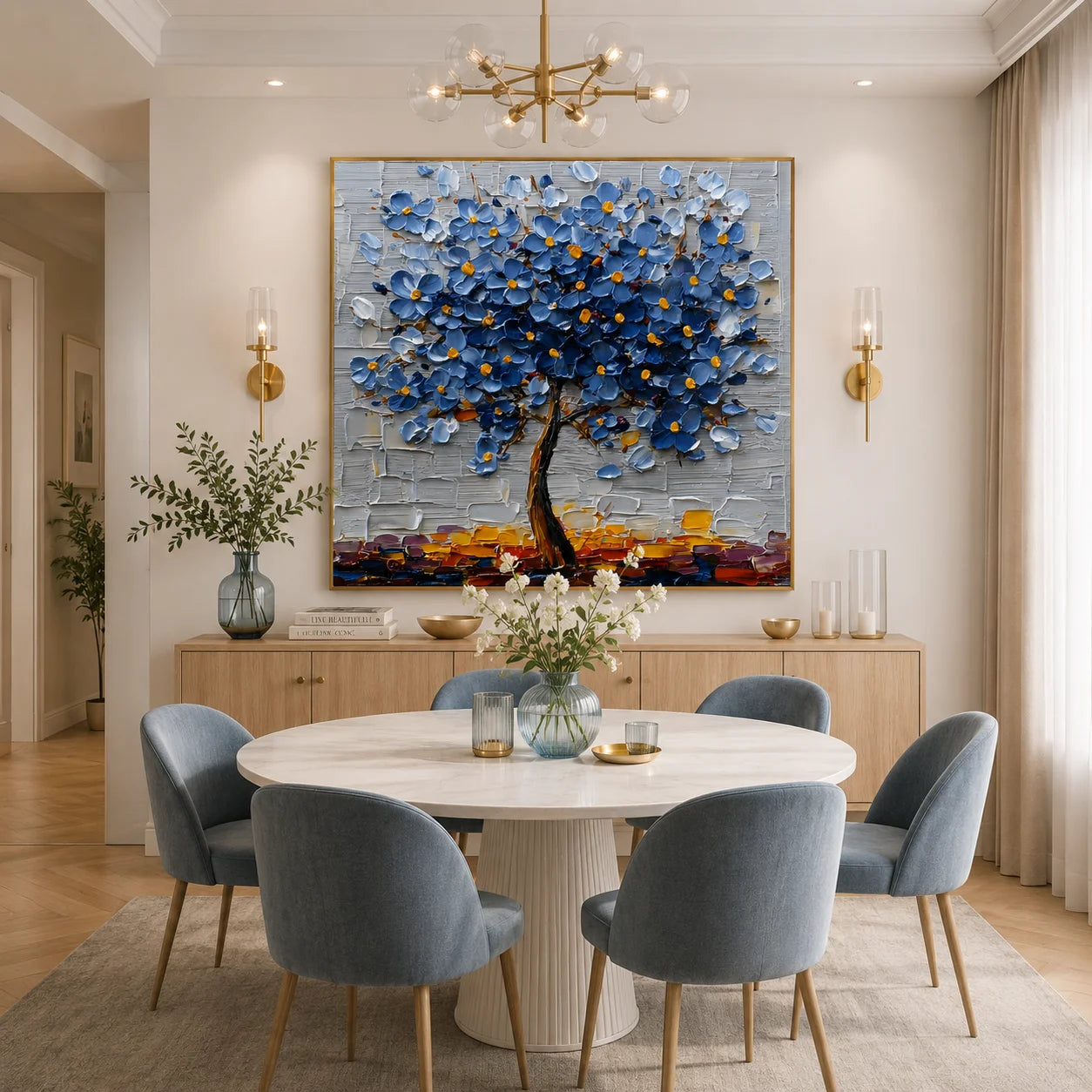 100% Hand-Painted Blue Blossom Tree Oil Painting | Modern Abstract Floral Textured Wall Art | Original Tree of Life Impasto Artwork by Ownanart # OA 1159