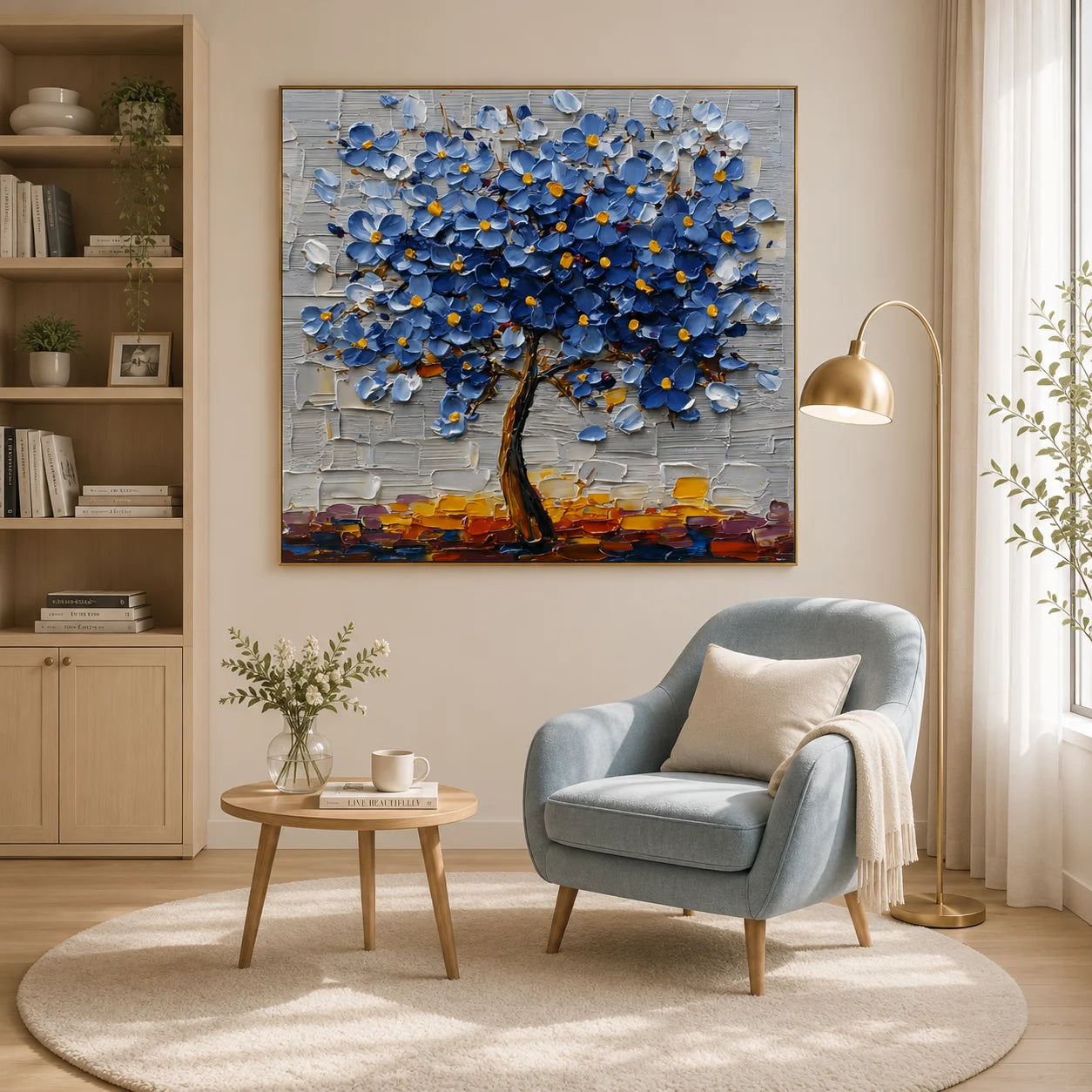 100% Hand-Painted Blue Blossom Tree Oil Painting | Modern Abstract Floral Textured Wall Art | Original Tree of Life Impasto Artwork by Ownanart # OA 1159