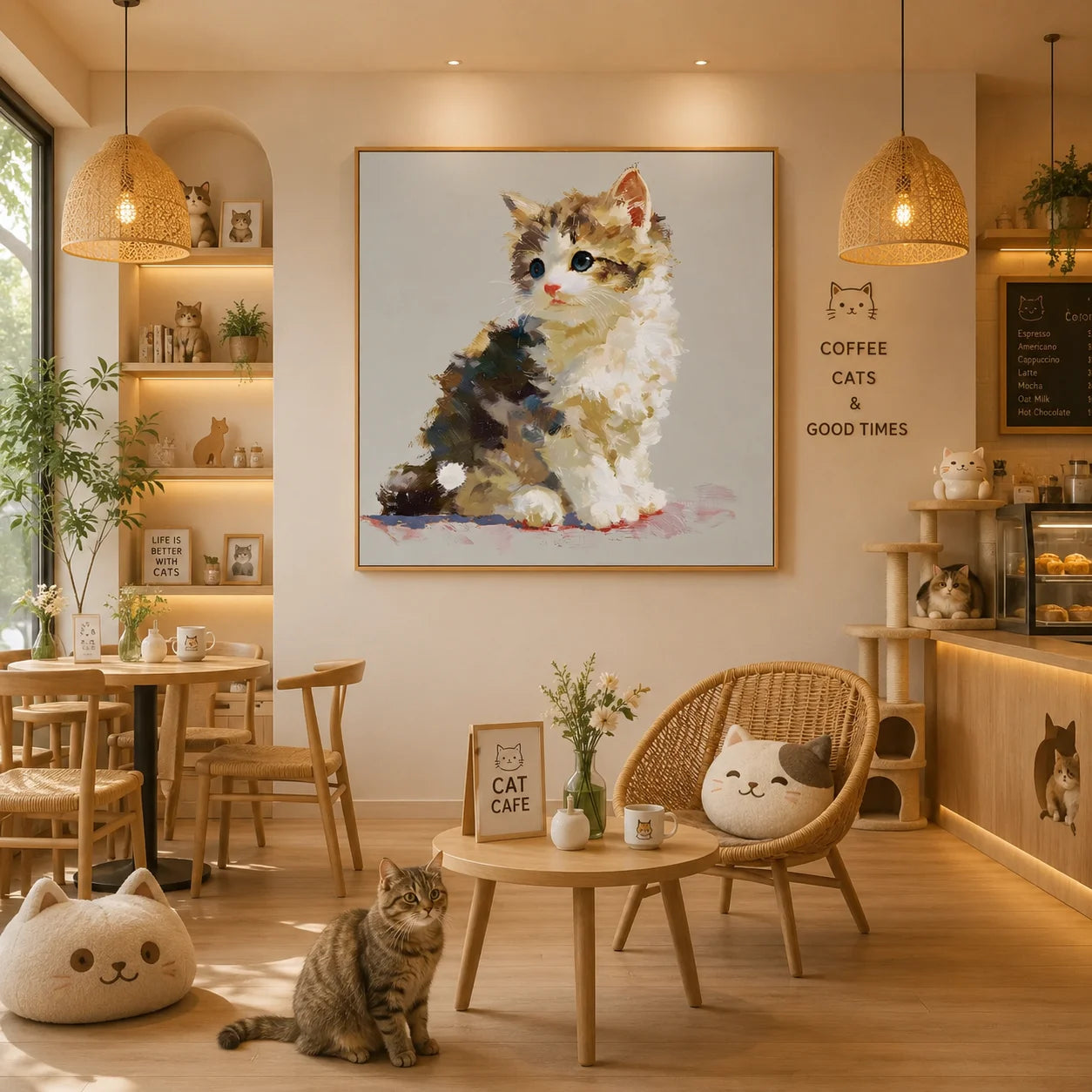 100% Hand-Painted Cute Kitten Portrait Oil Painting | Original Blue-Eyed Cat Pet Wall Art | Modern Animal Artwork