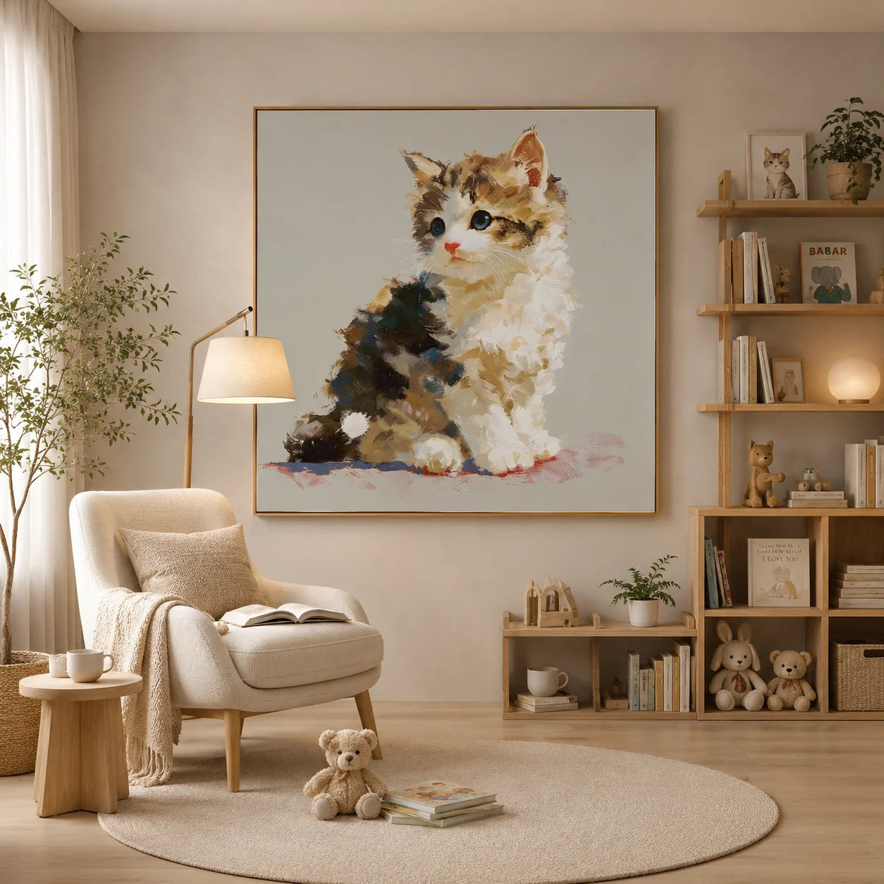 100% Hand-Painted Cute Kitten Portrait Oil Painting | Original Blue-Eyed Cat Pet Wall Art | Modern Animal Artwork