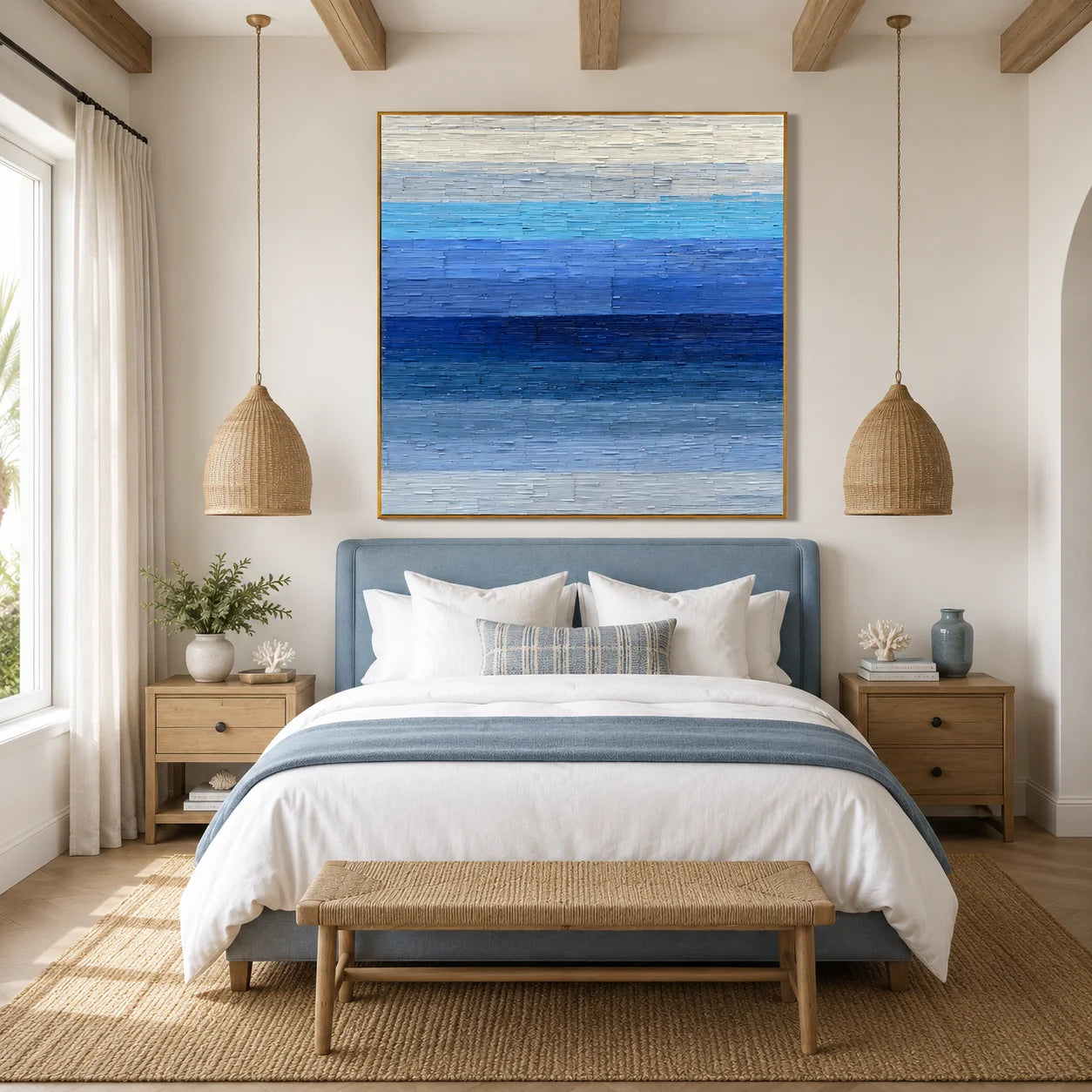 100% Hand-Painted Modern Abstract Seascape Oil Painting | Blue Minimalist Textured Wall Art | Original Coastal Landscape Impasto Canvas by Ownanart # OA 1163