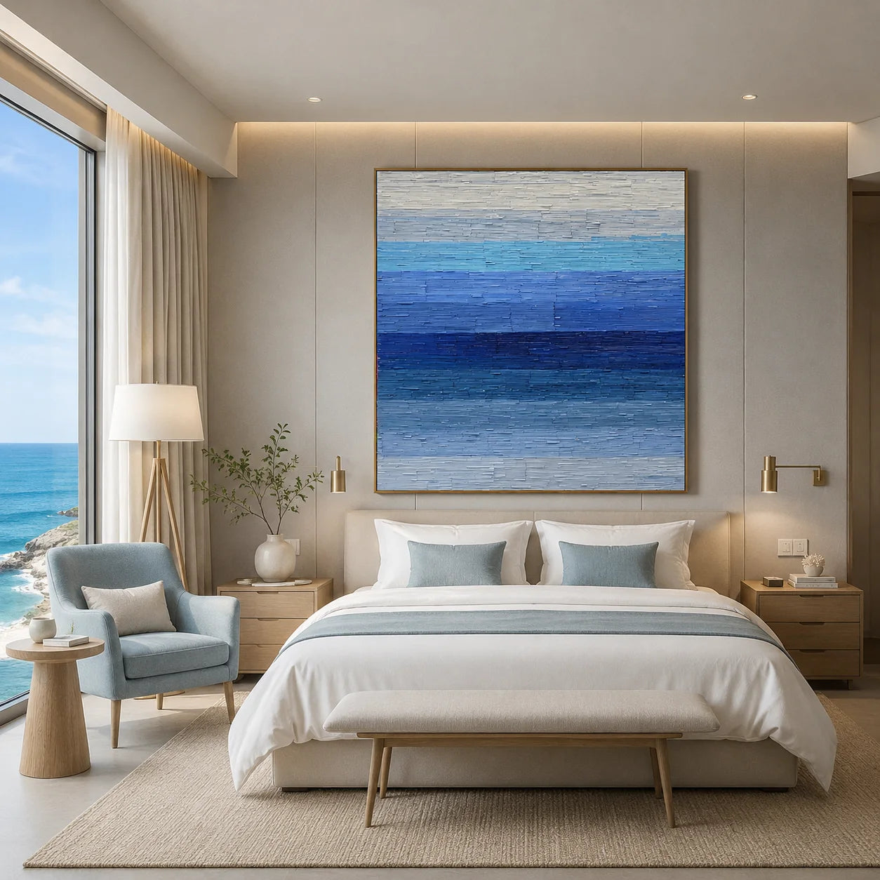 100% Hand-Painted Modern Abstract Seascape Oil Painting | Blue Minimalist Textured Wall Art | Original Coastal Landscape Impasto Canvas by Ownanart # OA 1163