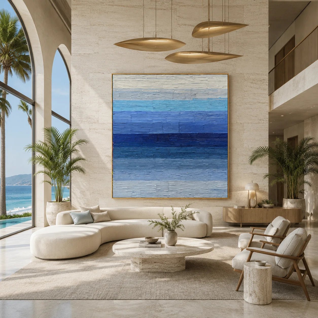 100% Hand-Painted Modern Abstract Seascape Oil Painting | Blue Minimalist Textured Wall Art | Original Coastal Landscape Impasto Canvas by Ownanart # OA 1163