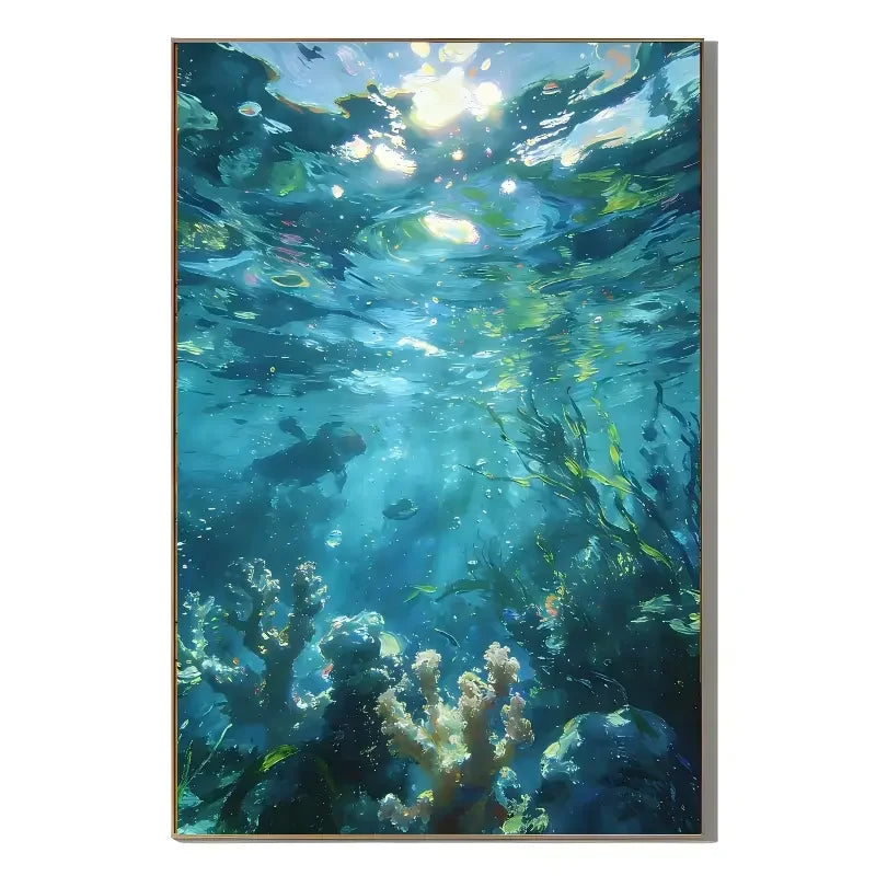 Ownanart 100% Hand-Painted Underwater Ocean Oil Painting | Blue Turquoise Coral Reef, Diver & Sunlight Seascape Wall Art # OA 1338