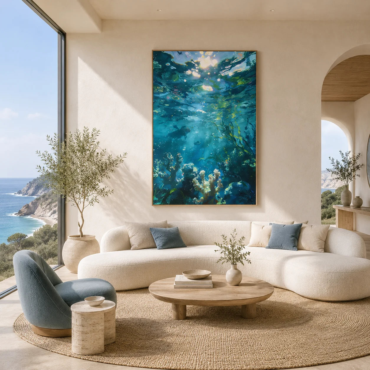 Ownanart 100% Hand-Painted Underwater Ocean Oil Painting | Blue Turquoise Coral Reef, Diver & Sunlight Seascape Wall Art # OA 1338