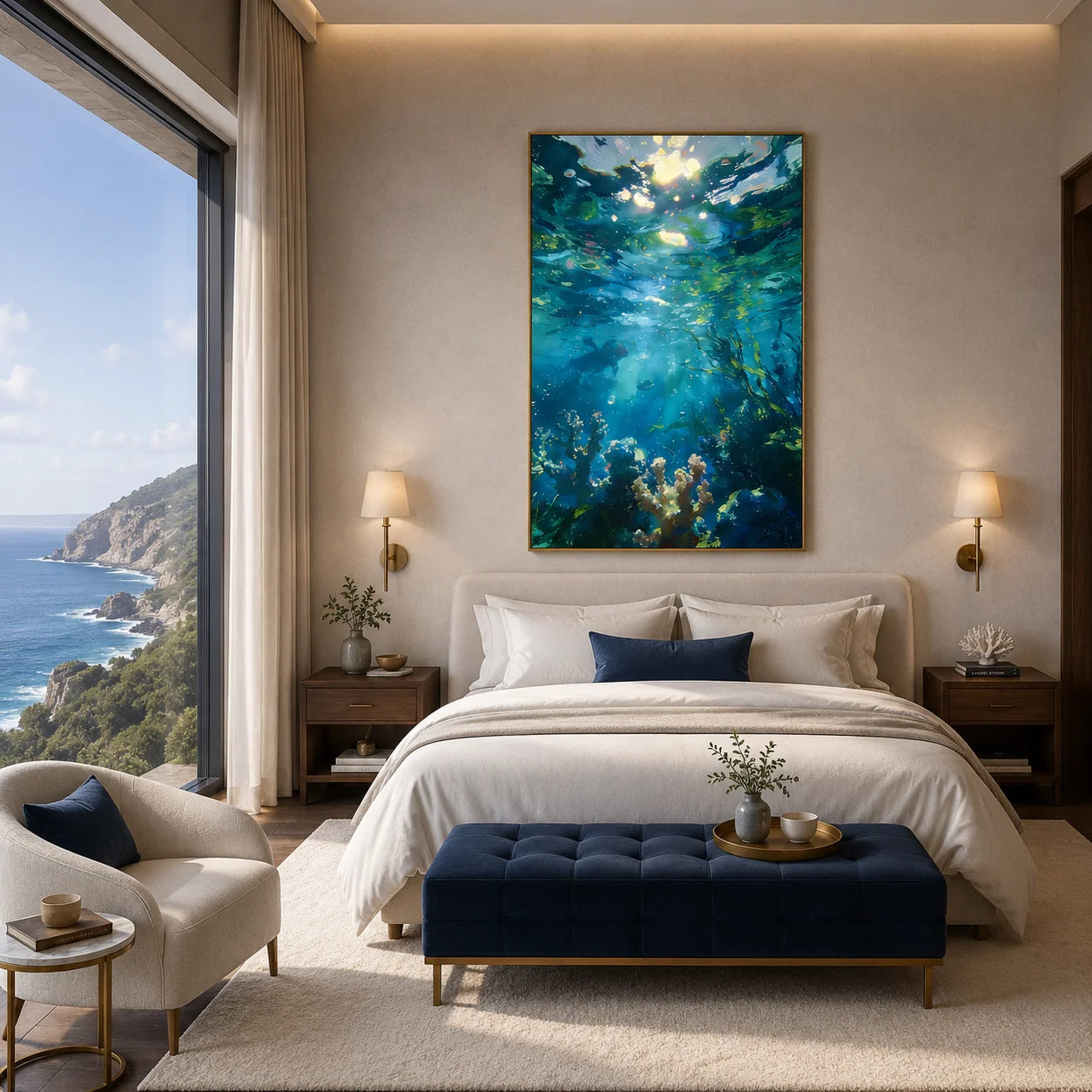 Ownanart 100% Hand-Painted Underwater Ocean Oil Painting | Blue Turquoise Coral Reef, Diver & Sunlight Seascape Wall Art # OA 1338