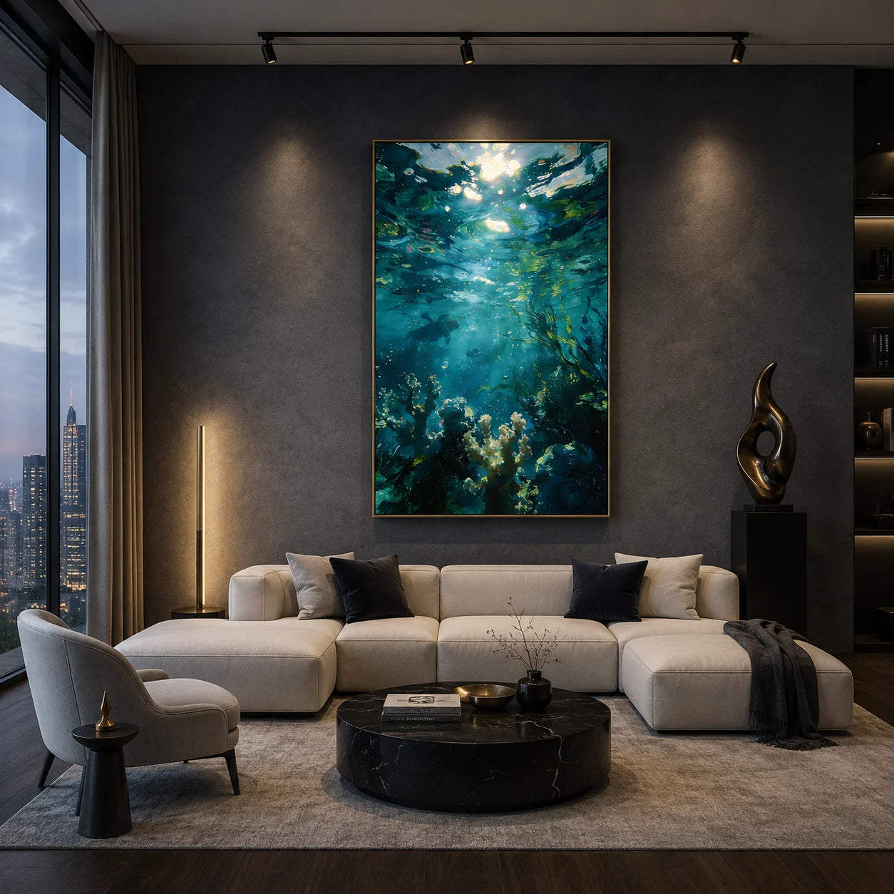 Ownanart 100% Hand-Painted Underwater Ocean Oil Painting | Blue Turquoise Coral Reef, Diver & Sunlight Seascape Wall Art # OA 1338