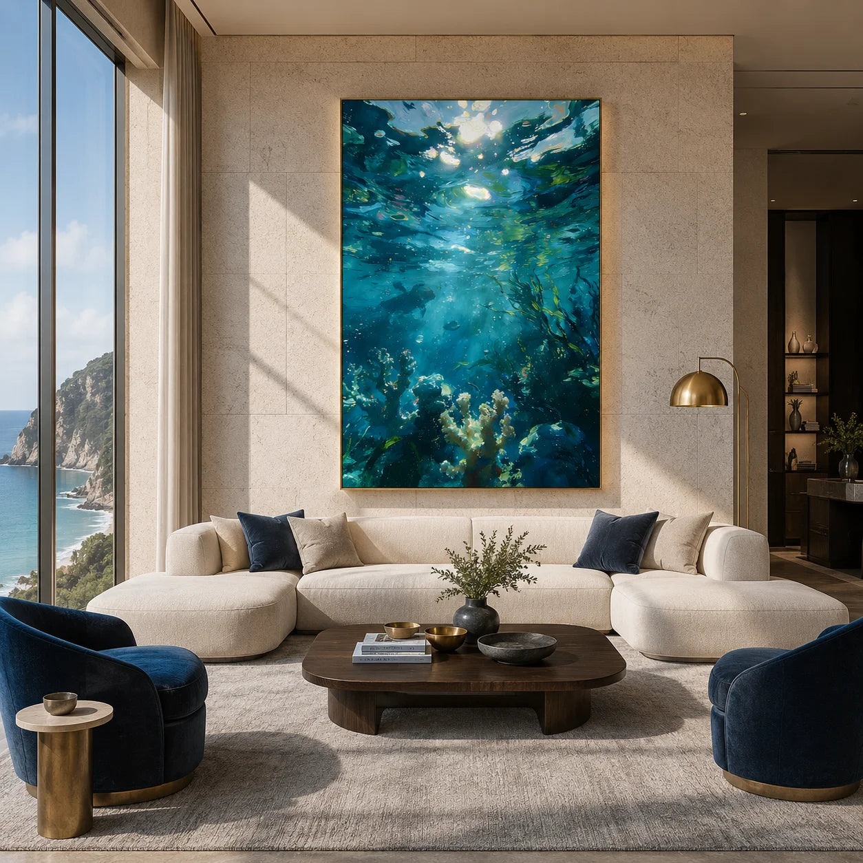 Ownanart 100% Hand-Painted Underwater Ocean Oil Painting | Blue Turquoise Coral Reef, Diver & Sunlight Seascape Wall Art # OA 1338