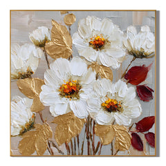 100% Hand-Painted White Floral Oil Painting | Modern Abstract Textured Flower Wall Art | Gold Leaf Impasto Botanical Canvas by Ownanart # OA 1160
