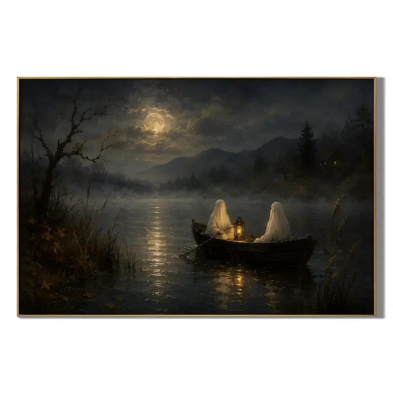 Ownanart 100% Hand Painted Halloween Ghost Moonlit Lake Oil Painting, Full Moon Boat Landscape Wall Art, Gothic Cottagecore Night Lake Canvas, Original Handmade Halloween Ghost Oil Painting for Living Room Decor # OA 1323