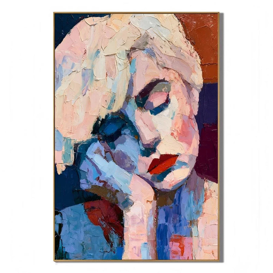 Abstract Contemplative Woman Portrait Hand-Painted Oil Painting | Blue and Blush Textured Palette Knife Wall Art for Modern Interiors # OA 1130